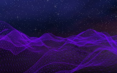 Fototapeta premium Abstract ultraviolet landscape on a dark background. Purple cyberspace grid. hi tech network. Outer space. Violet starry outer space texture. 3D illustration