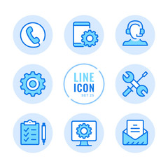 Technical support vector line icons set. Technician, call center, computer, mobile phone repair service outline symbols. Modern simple stroke graphic elements. Round icons