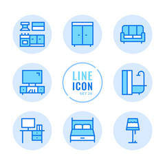 Furniture vector line icons set. Room interior objects, wardrobe, kitchen, sofa, bed outline symbols. Modern simple stroke graphic elements. Round icons