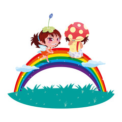 beautiful magic fairy and fungu elf with rainbow scene