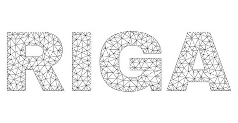Mesh vector RIGA text. Abstract lines and points form RIGA black carcass symbols. Wire carcass 2D triangular mesh in eps vector format.