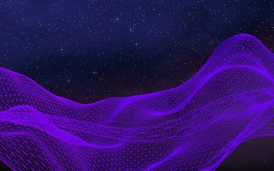 Abstract ultraviolet landscape on a dark background. Purple cyberspace grid. hi tech network. Outer space. Violet starry outer space texture. 3D illustration