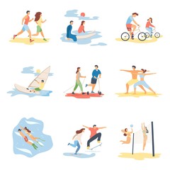 Modern cartoon flat characters doing summer sport,sales banner flyer poster,web online concept design elements scenes set-running,surfing,windsurfing,volleyball,biking,yoga,snorkeling,skateboarding