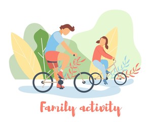 Modern cartoon flat characters doing summer sport activity,landing page,sales poster,banner flyer,web online concept of healthy lifestyle design.Flat cartoon family people boy girl riding on bikes