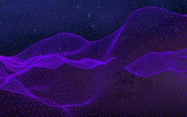 Abstract ultraviolet landscape on a dark background. Purple cyberspace grid. hi tech network. Outer space. Violet starry outer space texture. 3D illustration