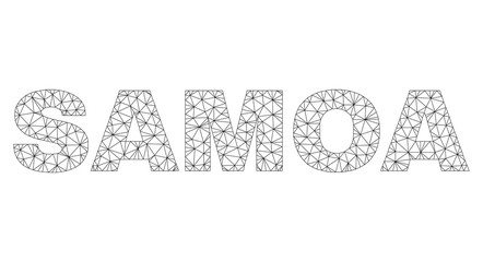 Mesh vector SAMOA text label. Abstract lines and dots are organized into SAMOA black carcass symbols. Wire carcass 2D polygonal mesh in vector format.