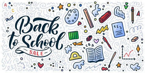 Welcome back to school lettering quote and doodle background. Template for sale tag. Hand drawn badge. Education concept. Typography emblem. Vector