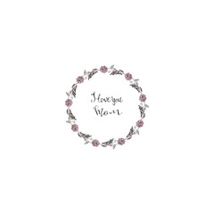  wreath of flowers isolated on white and pink background, brushes and lettering,