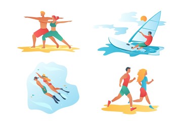 Gradient cartoon flat characters summer sport activity,sales banner flyer poster,web online concept design elements scenes,healthy lifestyle design set.Running,snorkeling,yoga class,windsurfing