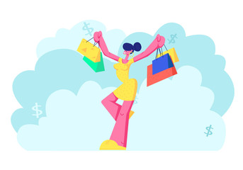 Cheerful Shopaholic Girl with Purchases in Colorful Paper Bags. Happy Woman Holding Shopping Packages. Female Buyer Having Fun Doing Shopping. Seasonal Sale, Discount, Cartoon Flat Vector Illustration