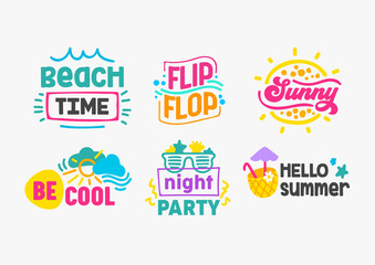 Hello Summer Holidays Labels and Badges with Typography Set. Templates for Greeting Cards, Posters and T-shirts Design. Beach Time, Flip Flop, Sunny, Be Cool, Night Party, Cartoon Vector Illustration