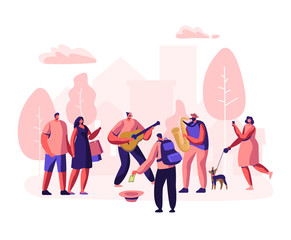 Street Musicians Perform Outdoor Show. Guitarist and Saxophonist Playing Music in Park, People Watching Concert, Put Money in Hat, Photographing Musical Performance. Cartoon Flat Vector Illustration