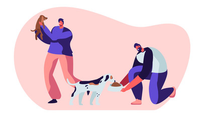 Happy People with Dogs, Feeding, Playing with Puppy. Male Characters Spend Time with Domestic Animals, Caring of them. Friendship, Lifestyle, Leisure with Friends Cartoon Flat Vector Illustration