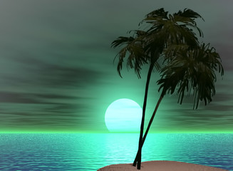 leisure travel tropics background palm trees beach sea ocean setting sun 3D illustration