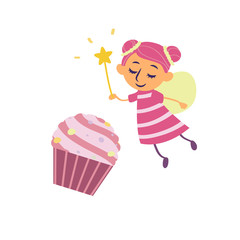 funny fairy and cupcake in cartoon style isolated on white background