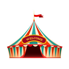 Classic red yellow travel circus tent on wite background with decorative signboard - welcome, isolated vector illustration © Safevector