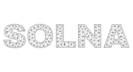 Mesh vector SOLNA text label. Abstract lines and circle dots are organized into SOLNA black carcass symbols. Linear carcass flat triangular mesh in vector format.
