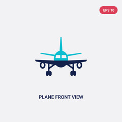 two color plane front view vector icon from airport terminal concept. isolated blue plane front view vector sign symbol can be use for web, mobile and logo. eps 10