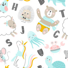 Childish seamless pattern with hand drawn animals and letters. Trendy scandinavian vector background. Perfect for kids apparel,fabric, textile, nursery decoration,wrapping paper