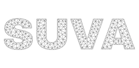 Mesh vector SUVA text. Abstract lines and spheric points form SUVA black carcass symbols. Linear frame 2D polygonal mesh in eps vector format.