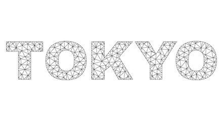 Mesh vector TOKYO text. Abstract lines and circle dots are organized into TOKYO black carcass symbols. Wire carcass 2D triangular mesh in vector format.