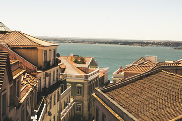 Beautiful view to Lisbon downtown architecture with red roofs