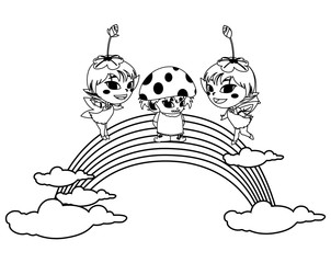 beautiful magic fairies with fungu elf and rainbow