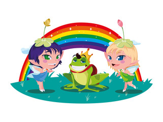 beautiful magic fairies with toad prince and rainbow scene