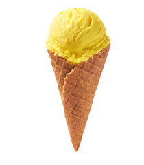 yellow ice cream in waffle cone isolated on white background