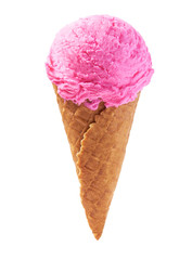 pink ice cream in waffle cone isolated on white background