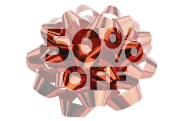 50% discount symbolized by a gift loop with the text 50% off