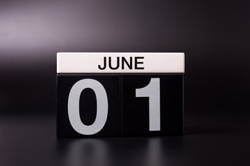 June 1st. Image of june 1 calendar on black background. First summer day. Happy Childrens Day