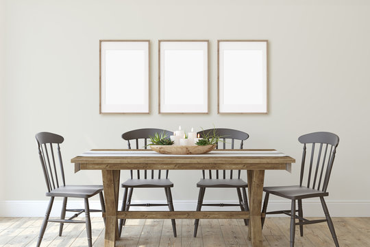Modern farmhouse dining-room. 3d render.