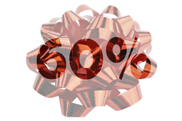 Discount 60% symbolically presented in the form of a highlighted text 60% in front of a red gift loop