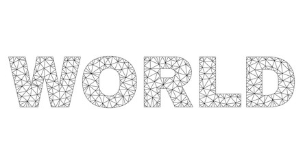 Mesh vector WORLD text. Abstract lines and points form WORLD black carcass symbols. Wire carcass 2D polygonal mesh in eps vector format.