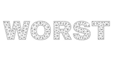 Mesh vector WORST text. Abstract lines and circle dots form WORST black carcass symbols. Linear carcass 2D polygonal network in vector format.