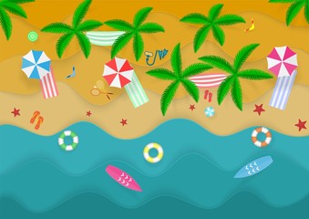 Summer vacation on the beach, top view, sports equipment for games and recreation, paper craft style, sun beds in the shade under umbrellas. Vector