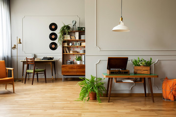 Home office interior designed with retro and vintage furniture and accessories