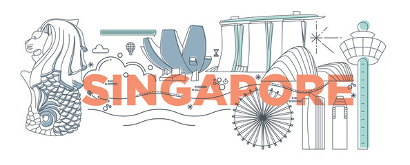 Typography word Singapore branding technology concept. Collection of flat vector web icons. Asian culture travel set, architectures, specialties detailed silhouette. Doodle Malaysia famous landmarks.