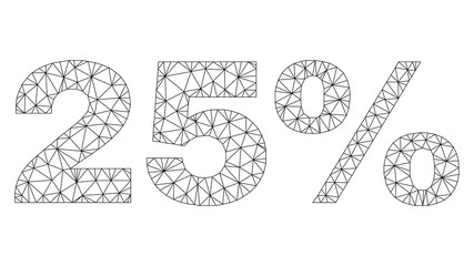Mesh vector 25% text label. Abstract lines and points form 25% black carcass symbols. Linear carcass flat triangular mesh in vector EPS format.