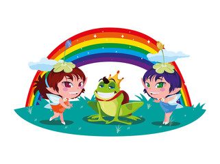 beautiful magic fairies with toad prince and rainbow scene