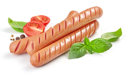 grilled sausages on white background
