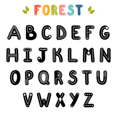 Hand drawn English alphabet. Cute letters with decoration elements. Font