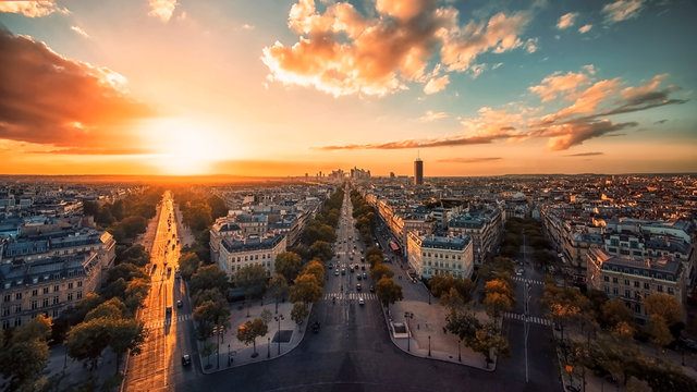 Sunset over Champs-Elysees and La Defense in Paris