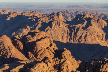 Egypt. Mount Sinai in the morning at sunrise. (Mount Horeb, Gabal Musa, Moses Mount). Pilgrimage place and famous touristic destination.