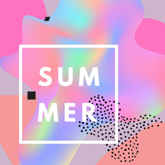Promotional design poster with text Summer on abstract colorful holographic background