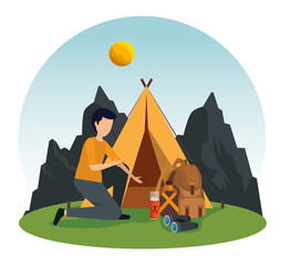 Fototapeta premium man with camp and backpack in the nature mountains