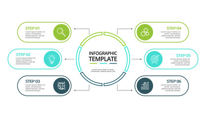 Business data visualization. Process chart. Elements of graph, diagram with 6 steps, options, parts or processes. Vector business template for presentation. Creative concept for infographic