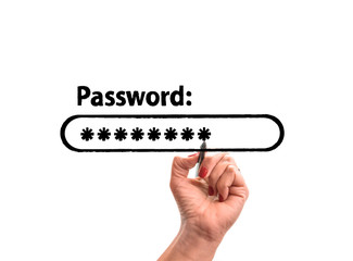 hand with pencil draws password on isolated background