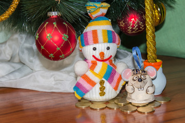 Christmas picture, greeting card with a rat and snowman